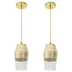 two brass and clear glass pendants hanging from a gold ceiling light fixture, one with an acrylic shade