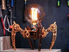 a light bulb sitting on top of a wooden table next to tools and other items