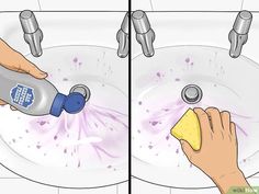 a person cleaning a sink with a sponge and detergent on the side, while another hand is holding a rag