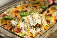 a person scooping some food out of a casserole dish with green peppers