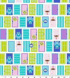 a blue and green wallpaper with doors, windows and monsters on it's sides