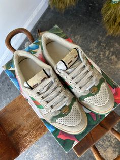 Authentic Gucci Screener Sneakers in excellent condition. Worn once but they don't fit me, sadly. Size 37, fit like a US 7.5. Classic Gucci sneakers featuring the Gucci stripes and classic green sole with bee design. Made in Italy. Please note: this style has some intentional distressing. Approximate measurements.Heel to toe: 10.5"Width: 3.75" Luxury Green Low-top Sneakers, Designer Green Low-top Custom Sneakers, Designer Low-top Sneakers With Gum Sole, Gucci Screener Sneakers, Gucci Screener, Gucci Sneakers, Bee Design, Bee, In Italy