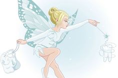 a fairy with blue wings is holding a wand and pointing at the stars in her hand