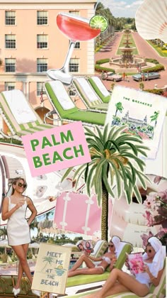 a collage of palm trees, beach chairs, and people in bathing suits are featured