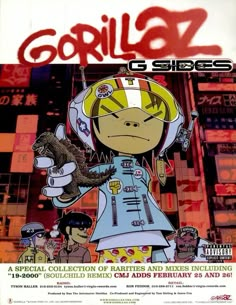 an advertisement for gorillaz the movie starring characters from various films, including one with a monkey on his head