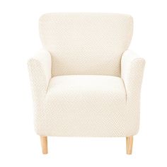 a white chair with wooden legs and an upholstered armrest, on a white background