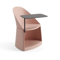 a pink chair with a black table on the top and bottom shelf, against a white background