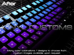 a purple and blue computer keyboard with the words custom images available to choose from