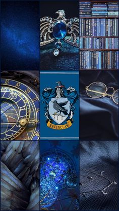 a collage of harry potter images with glasses and books