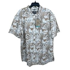 Prana Slim Stimmrsee Shirt Tropical Island Print Tan Cream Short Sleeve Size Xxl Button Up Approximate Measurements Taken While Laying Flat Armpit To Armpit 26.5” Length Top Collar To Hem 34” Materials Content Shown In Pictures New With Tags A4 White Printed Vacation Shirt, Printed White Shirt For Vacation, White Floral Print Beach Shirt, White Printed Shirt For Vacation, Beige Printed Cotton Shirt, Beige Cotton Printed Shirt, Beach White Short Sleeve Shirt With Floral Print, White Floral Print Short Sleeve Shirt For Beach, Beige Cotton Shirt For Vacation