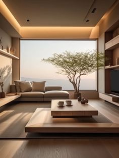 a living room filled with lots of furniture and a large window overlooking the mountains in the distance