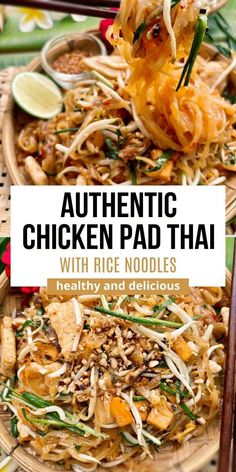 authentic chicken pad thai food with rice noodles