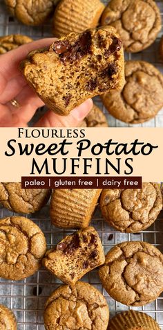 flourless sweet potato muffins on a cooling rack with the title above it