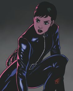 a drawing of a woman in black catsuit with her hands on her hips, sitting down