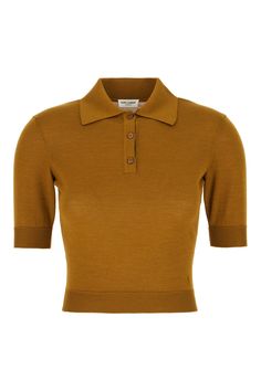 Exterior: 35% Wool 35% Cashmere 30% Silk Luxury Fitted Fall Tops, Luxury Fitted Tops For Workwear, Luxury Fitted Tops For Work, Luxury Fitted Tops For Fall, Designer Brown Collared Top, Designer Collared Brown Top, Chic Brown Top For Business Casual, Chic Brown Tops For Business Casual, Chic Fitted Top With Polo Collar