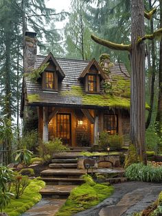 a house in the woods with moss growing on it's roof and steps leading up to it