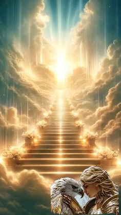 a stairway leading up to the sky with clouds and an angel holding a book in its hands