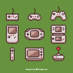 pixelated video game icons on green background