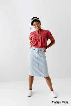 The 'Kyra' is another one of our very own exclusive denim skirts. Designed with everyday wear in mind, this skirt will pair well with just about any casual top in your wardrobe! This knee length denim skirt is 100% cotton and does not have stretch giving it a vintage vibe we love! Every woman needs a classic denim pencil skirt in her closet and this skirt is an excellent choice! Available in a classic light wash or statement black. 100% Cotton Machine Wash Cold Gentle Cycle Do Not Bleach Hang to Relaxed Fit Cotton Midi Denim Skirt, Casual Medium Wash Denim Midi Skirt, Medium Wash Relaxed Fit Cotton Skirt, Medium Wash Cotton Skirt, Summer Cotton Skirt In Medium Wash, Summer Medium Wash Cotton Denim Skirt, Cotton Relaxed Skirt For Everyday, Cotton Denim Midi Skirt For Summer, Summer Cotton Denim Midi Skirt