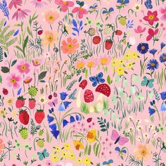 a pink background with lots of different flowers and plants on it, including strawberries