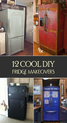 there are pictures of refrigerators in the kitchen and on the floor with words that say, 12 cool diy fridge makeovers