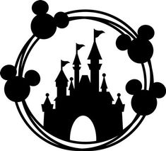 the silhouette of mickey mouse's castle in a circle with some balloons around it