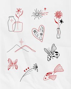 the drawing shows different types of flowers, butterflies and vases with hearts on them