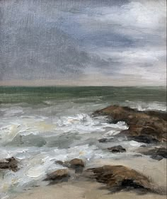 an oil painting of waves crashing onto the shore on a cloudy day with grey skies