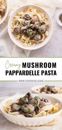 creamy mushroom papparella pasta in a white bowl