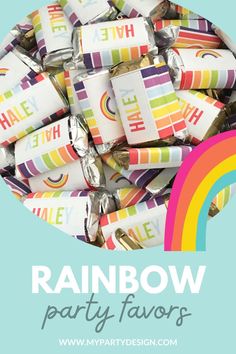 rainbow party favors with the words rainbow on them in front of a rainbow - colored background