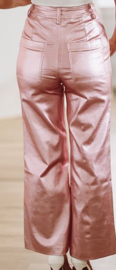 We love these high waisted metallic pants. Fit: True to size with stretch in them. Model is 5'6 wearing size small Metallic Pants, Pants Fit, Shine Bright, High Waisted, Pants, Pink, How To Wear, Trousers