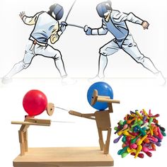 an image of two people playing with different colored balls on a balance beam and one is hitting another person with a baseball bat