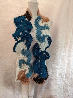 Blue Knitted Yarn Scarf, Blue Knitted Yarn Scarves, Blue Knitted One-size Scarf, Blue Knitted Scarves One Size, Blue Knitted Scarf, One Size, Blue Hand Knitted Scarf, Blue Knitted Scarf One Size, White Crochet Scarf One Size, Bohemian White Hand Knitted Scarves