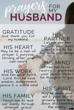 a woman holding her hand with the words prayer for husband written in white on it