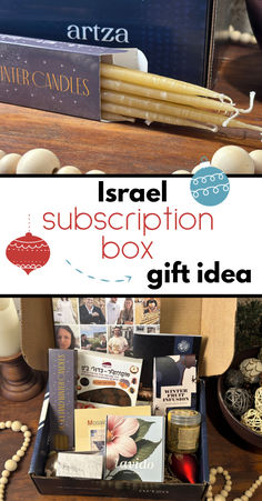 Image of candles and inside of gift box with text "Israel subscription box- gift idea" Women Friends, Land Use, The Holy Land, Gift Ideas For Women, Holy Land, Christmas Box, Subscription Box