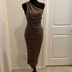 Super Cute Dress One Shoulder Color Taupe Size S But Vegan Leather Brown One-shoulder Midi Dress For Party, Elegant Brown One-shoulder Mini Dress, Elegant Brown Leather Mini Dress, Brown Faux Leather Dress, Fitted Brown Faux Leather Mini Dress, Super Cute Dresses, Leather Dress, Dress First, Cute Dresses