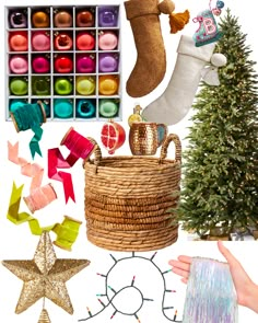 a christmas tree, stockings, and other items are arranged in front of a white background