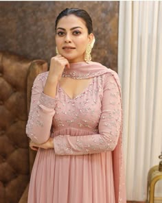 Partywear Dresses Indian Weddings, Georgette Dress Designs, Plain Salwar Suit, Peach Colour Dress, Long Skirt Top Designs, Dress Designs For Stitching, Peach Color Dress, Pink Anarkali, Kurtis Design