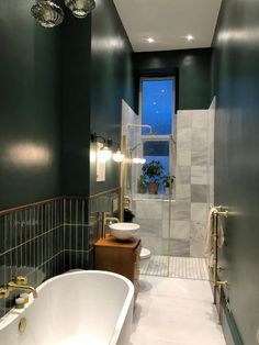 green gold and marble bathroom inspiration and ideas Green Shower Room, Long Bathroom Design, Long Narrow Bathroom, Long Bathroom, Pine Trim, Wet Room Shower, Tile Options, Narrow Bathroom, Bathroom Transformation