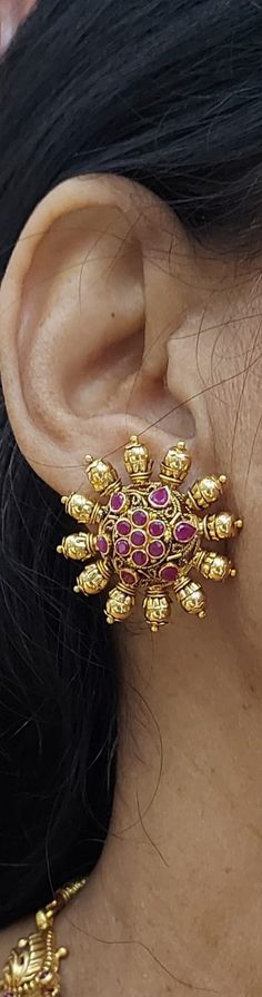 22 Karat Gold Earrings for Women with Color Stones - 235-GER11022 - in 13.900 Grams for USD $1189.99. 
Made in India by Totaram Jewelers Online this product is in Gold - 22 Karat BIS Hallmark 916 KDM Gold  & is an excellent gift for Adult - Women. Ships fully insured with secured guaranteed delivery for free with your order over $250 from New Jersey USA & comes with 30 days exchange policy. 916 Gold Earrings, Hallmarked 22k Gold Temple Bridal Earrings, 22k Gold Hand Set Fusion Earrings, Fusion Style Hand Set 22k Gold Earrings, Yellow Gold Temple Jewelry Jhumkas For Anniversary, Fusion Style Hand-set 22k Gold Earrings, Fusion Style 22k Gold Hand Set Earrings, 22k Gold Hallmarked Bridal Earrings, Anniversary Yellow Gold Temple Jewelry Jhumkas