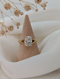 a diamond ring sitting on top of a piece of cloth next to some dried flowers