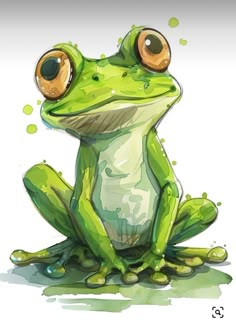 a green frog with big eyes sitting on the ground in front of a white background