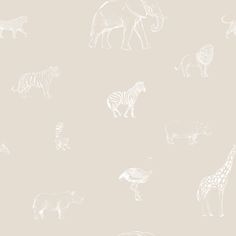 an elephant, giraffe, zebra and rhinoceros are drawn in white on a beige background