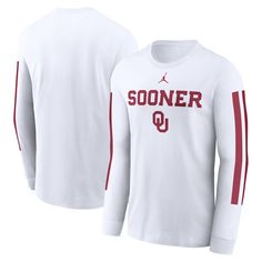 Show your Oklahoma Sooners pride with the Jordan Brand Local Spirit Slogan Long Sleeve T-Shirt. Soft cotton fabric provides continuous comfort, making this tee perfect for everyday wear or cheering on the Sooners. Get ready to cheer on the Sooners in style and comfort with this unique long sleeve tee, perfect for any proud member of Sooner Nation. Fan Apparel Long Sleeve Relaxed Fit T-shirt, White Crew Neck T-shirt With Team Spirit, Collegiate Long Sleeve T-shirt For College, White Varsity Jersey T-shirt, Cotton Long Sleeve T-shirt For Sports Events, Moisture-wicking Crew Neck Top For Game Day, Team-colored Cotton T-shirt For Game Day, College Team Name Cotton T-shirt, Varsity Long Sleeve Sports T-shirt