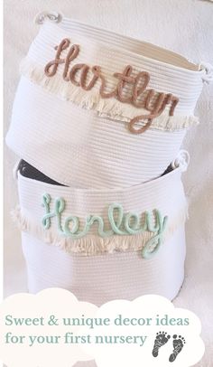 three white buckets with the words honey, sweet and unique decor ideas for your first nursery