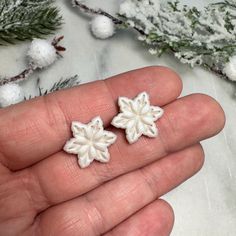 two small white snowflakes are in someone's hand