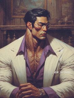 a painting of a man with his hands on his chest, wearing glasses and a purple shirt