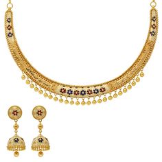 Embrace cultural charm with 22k gold necklace and Jhumka earring set by Virani Jewelers. The colorful Meenakari details contributes to the traditional allure of this gold jewelry set. This set is not just an accessory; it's a Virani Jewelers creation that graces you with the charm of tradition and luxury. Wear it proudly, and let the cultural charisma of this Indian gold jewelry set become an extension of your refined elegance. Features • 22k yellow gold • Meenakari details Necklace Specificatio Luxury Yellow Gold Meenakari Jewelry, Multicolor Gold Plated Jewelry Sets For Festivals, Yellow Gold Meenakari Jewelry Sets For Diwali, Meenakari Yellow Gold Jewelry Sets For Diwali, Diwali Meenakari Yellow Gold Jewelry Sets, Traditional Multicolor 22k Gold Necklaces, Traditional Multicolor 22k Gold Necklace, Yellow Gold Round Temple Necklace With Meenakari, Multicolor 22k Gold Jewelry With Cutdana