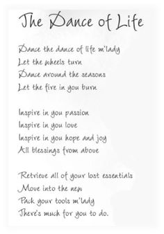 the dance of life poem postcard with black ink on white paper, featuring an image of