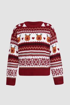 a red and white sweater with reindeers on it